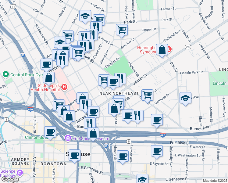 map of restaurants, bars, coffee shops, grocery stores, and more near 709 James Street in Syracuse