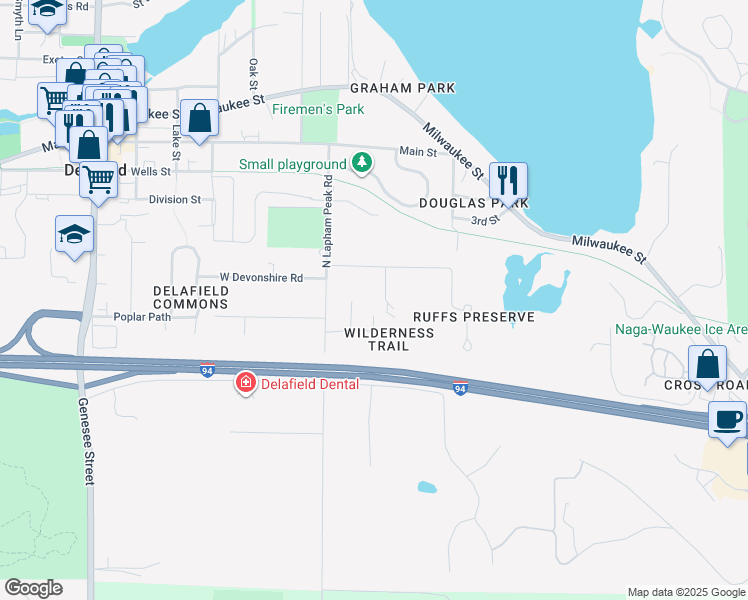map of restaurants, bars, coffee shops, grocery stores, and more near 131 Woods Drive in Delafield
