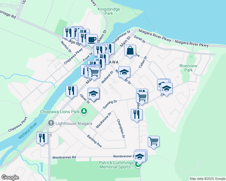 map of restaurants, bars, coffee shops, grocery stores, and more near 8407 Mears Crescent in Niagara Falls