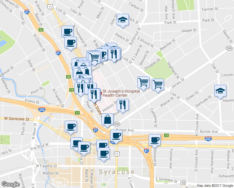 map of restaurants, bars, coffee shops, grocery stores, and more near 508 North Townsend Street in Syracuse