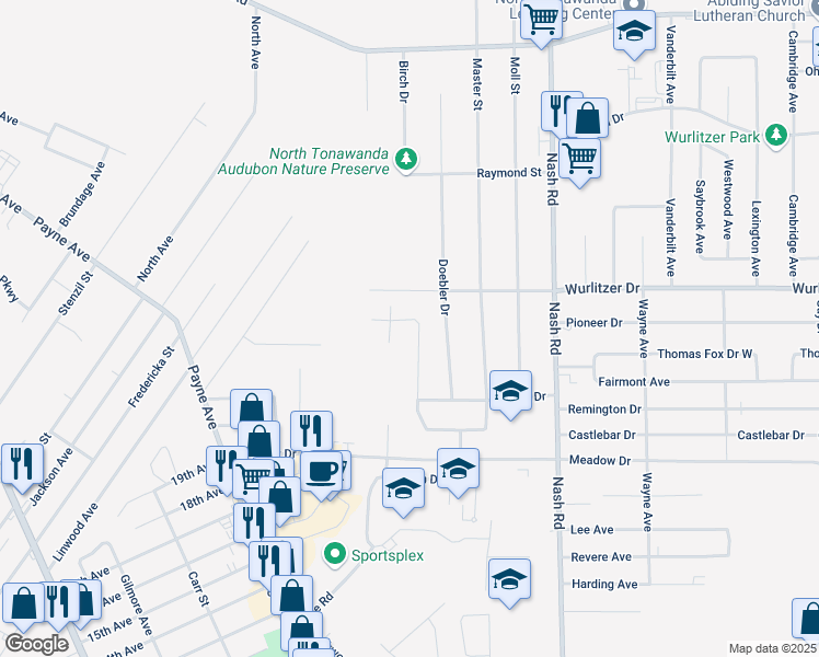 map of restaurants, bars, coffee shops, grocery stores, and more near 1210 Bowen Drive in North Tonawanda