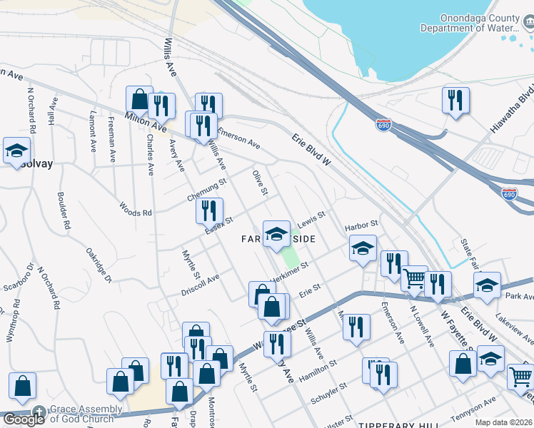 map of restaurants, bars, coffee shops, grocery stores, and more near 119 Essex Street in Syracuse