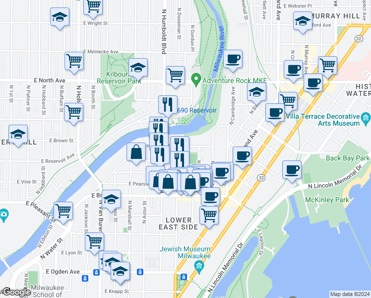 map of restaurants, bars, coffee shops, grocery stores, and more near in Milwaukee