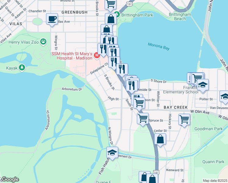 map of restaurants, bars, coffee shops, grocery stores, and more near 1010 South Brooks Street in Madison