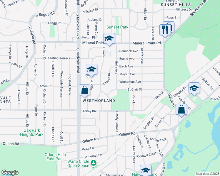 map of restaurants, bars, coffee shops, grocery stores, and more near 4210 Saint Clair Street in Madison