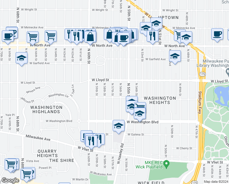 map of restaurants, bars, coffee shops, grocery stores, and more near 1922 North 57th Street in Milwaukee