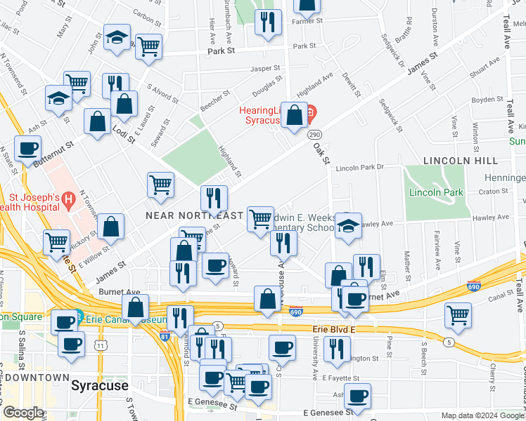 map of restaurants, bars, coffee shops, grocery stores, and more near 311 Green Street in Syracuse