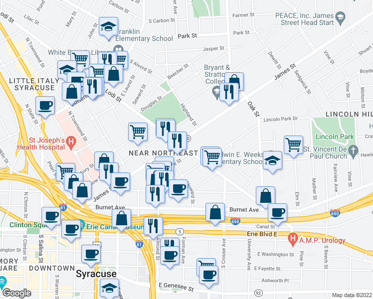 map of restaurants, bars, coffee shops, grocery stores, and more near 767 Lodi Street in Syracuse