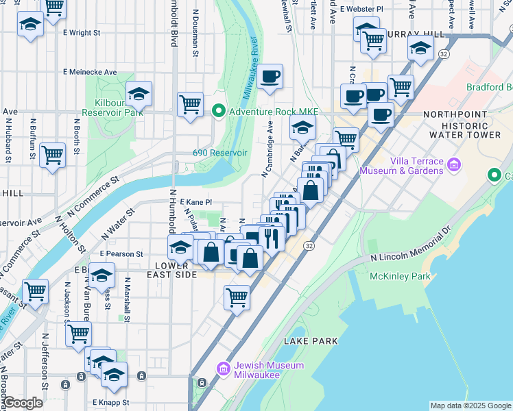 map of restaurants, bars, coffee shops, grocery stores, and more near 1864 North Cambridge Avenue in Milwaukee