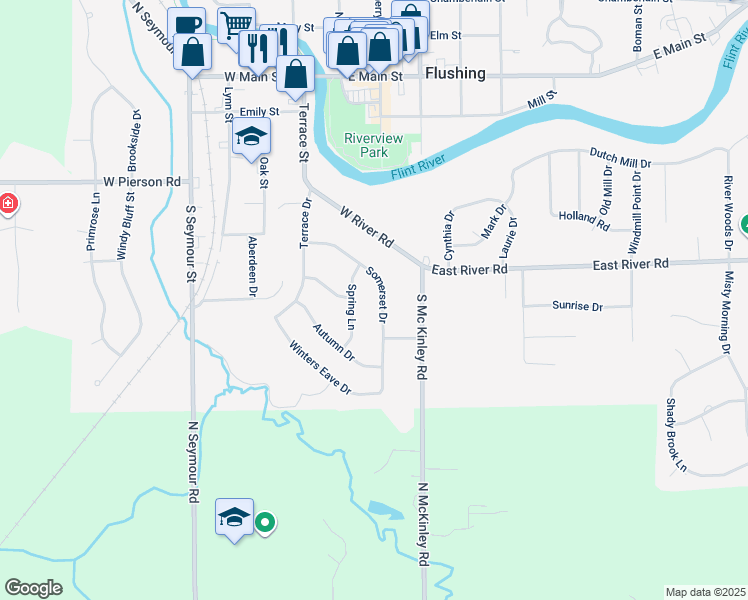 map of restaurants, bars, coffee shops, grocery stores, and more near 530 Somerset Drive in Flushing