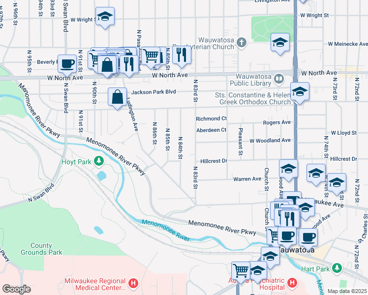 map of restaurants, bars, coffee shops, grocery stores, and more near 1936 North 84th Street in Wauwatosa