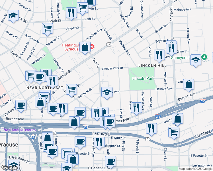 map of restaurants, bars, coffee shops, grocery stores, and more near 209 Delhi Street in Syracuse