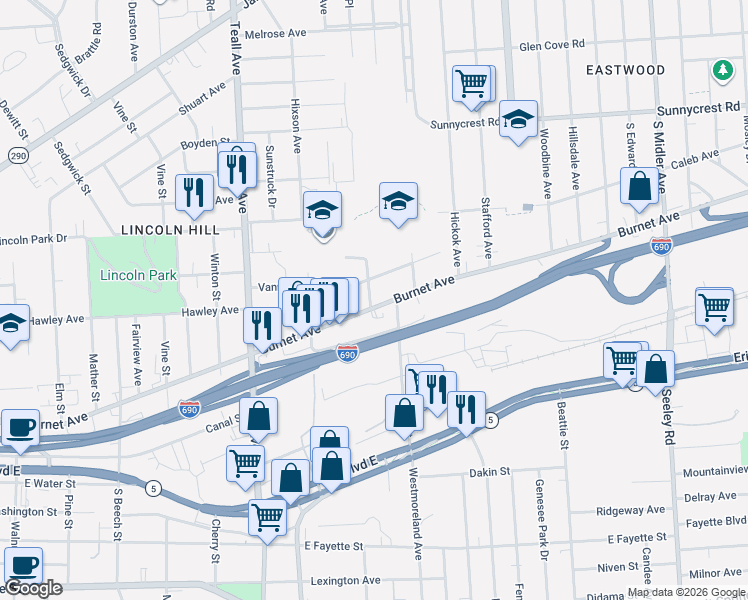 map of restaurants, bars, coffee shops, grocery stores, and more near in Syracuse