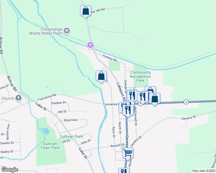 map of restaurants, bars, coffee shops, grocery stores, and more near 623 Manor Drive in Chittenango