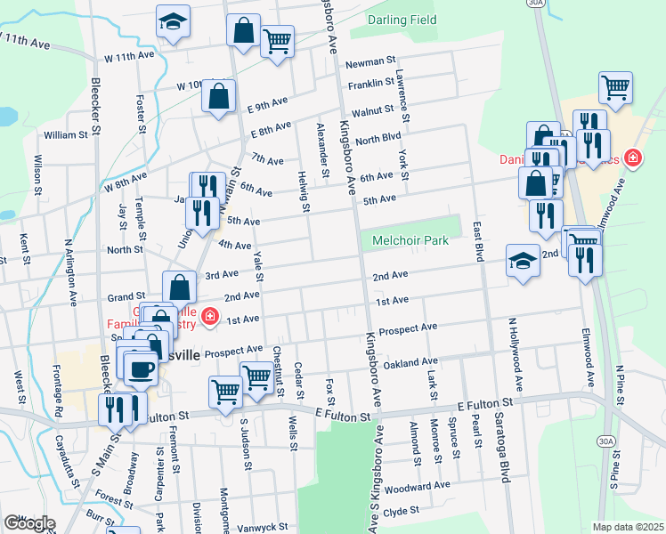 map of restaurants, bars, coffee shops, grocery stores, and more near 102 3rd Ave in Gloversville