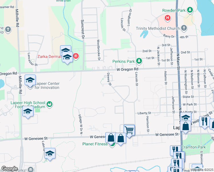 map of restaurants, bars, coffee shops, grocery stores, and more near 775 Dewey Street in Lapeer