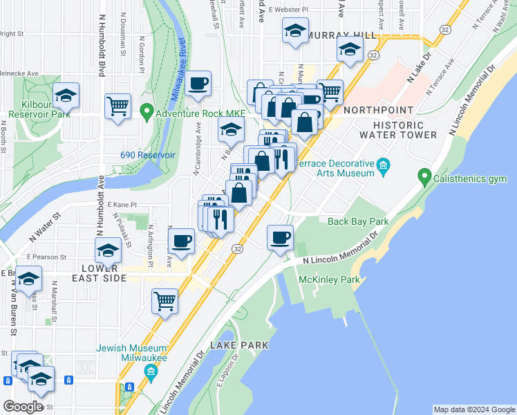 map of restaurants, bars, coffee shops, grocery stores, and more near 1959 North Prospect Avenue in Milwaukee
