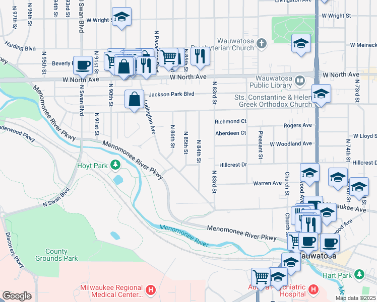 map of restaurants, bars, coffee shops, grocery stores, and more near 1936 North 85th Street in Wauwatosa