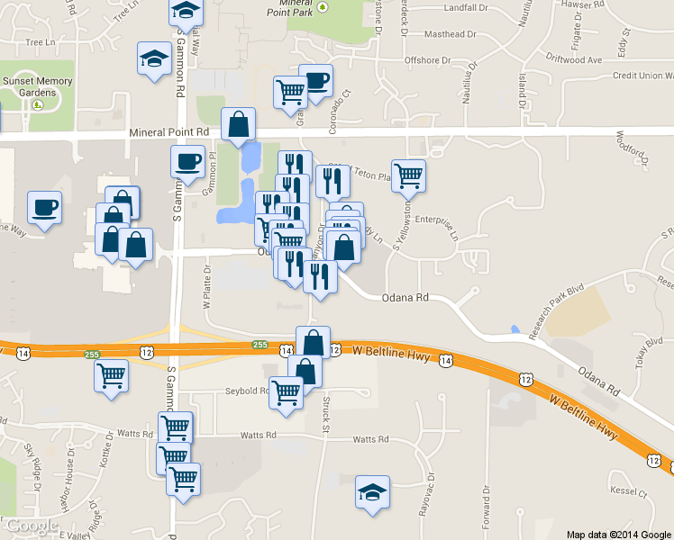 map of restaurants, bars, coffee shops, grocery stores, and more near 6644 Odana Rd in Madison