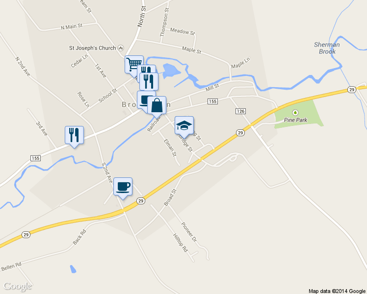 map of restaurants, bars, coffee shops, grocery stores, and more near 62 Bridge Street in Broadalbin