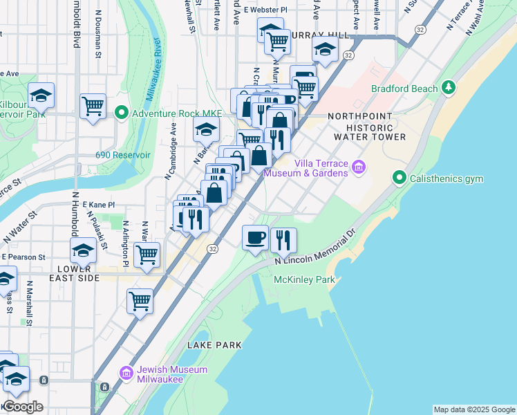 map of restaurants, bars, coffee shops, grocery stores, and more near 1920R East Lafayette Place in Milwaukee