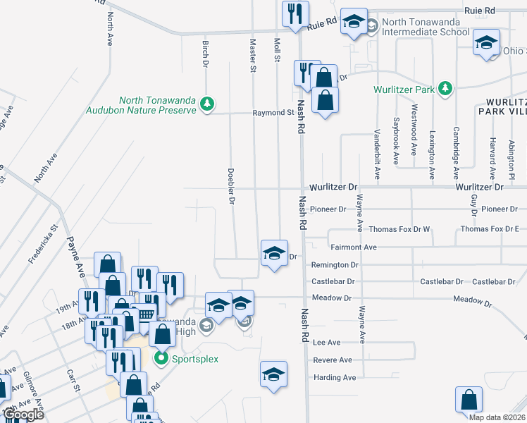 map of restaurants, bars, coffee shops, grocery stores, and more near 1211 Master Street in North Tonawanda