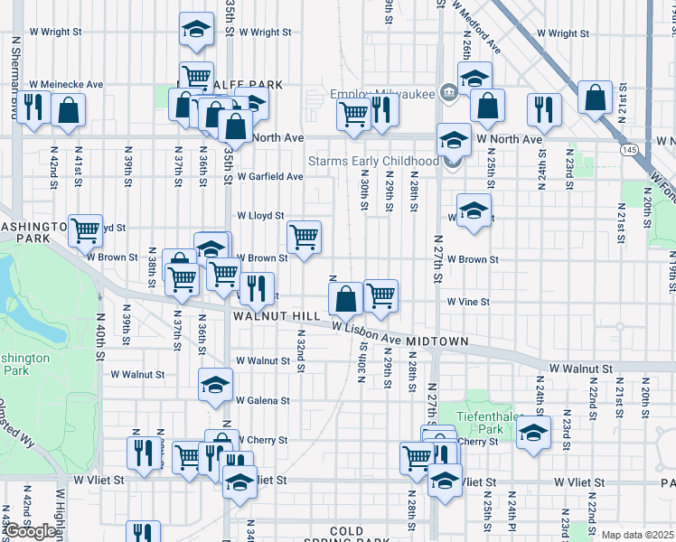 map of restaurants, bars, coffee shops, grocery stores, and more near 1936 North 31st Street in Milwaukee