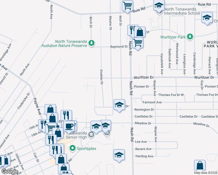 map of restaurants, bars, coffee shops, grocery stores, and more near 1211 Master Street in North Tonawanda
