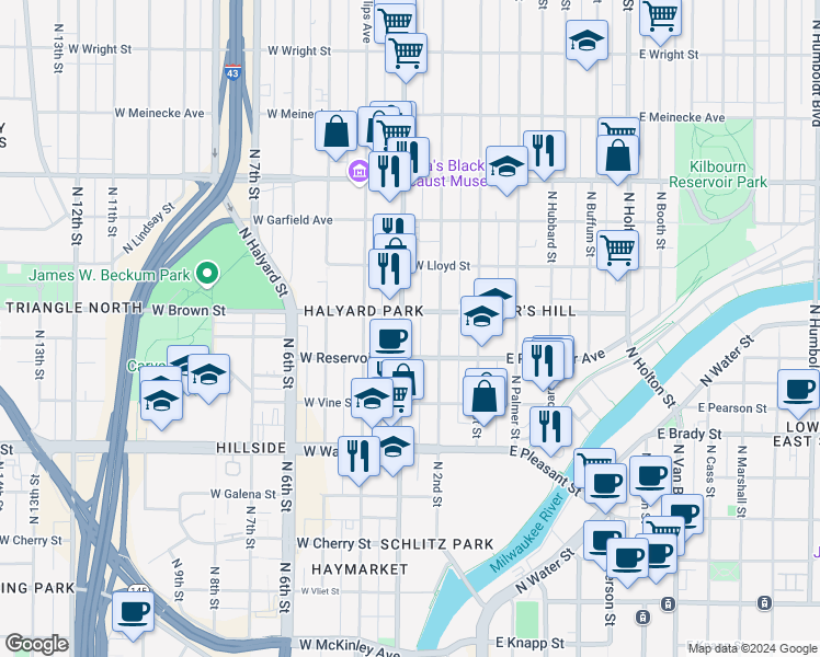 map of restaurants, bars, coffee shops, grocery stores, and more near 1934 North Doctor Martin Luther King Junior Drive in Milwaukee