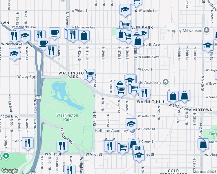 map of restaurants, bars, coffee shops, grocery stores, and more near 1941-1943 North 38th Street in Milwaukee