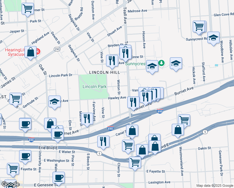 map of restaurants, bars, coffee shops, grocery stores, and more near 403 Winton Street in Syracuse