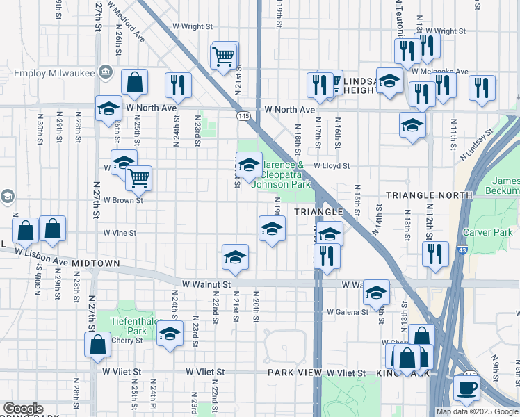 map of restaurants, bars, coffee shops, grocery stores, and more near 1950 North 20th Street in Milwaukee