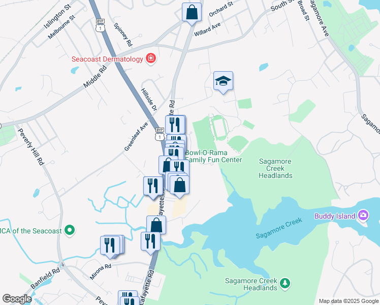 map of restaurants, bars, coffee shops, grocery stores, and more near 104 Ledgewood Drive in Portsmouth