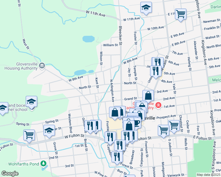 map of restaurants, bars, coffee shops, grocery stores, and more near 66 Lincoln Street in Gloversville