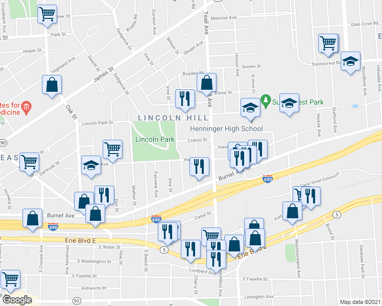 map of restaurants, bars, coffee shops, grocery stores, and more near 403 Winton Street in Syracuse