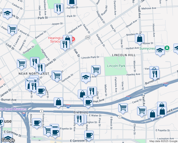 map of restaurants, bars, coffee shops, grocery stores, and more near 409 Elm Street in Syracuse