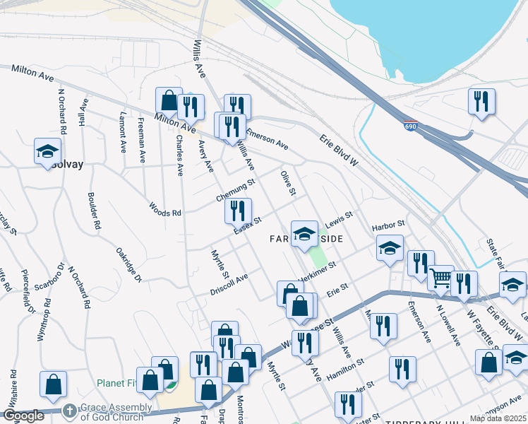 map of restaurants, bars, coffee shops, grocery stores, and more near 206 Essex Street in Syracuse