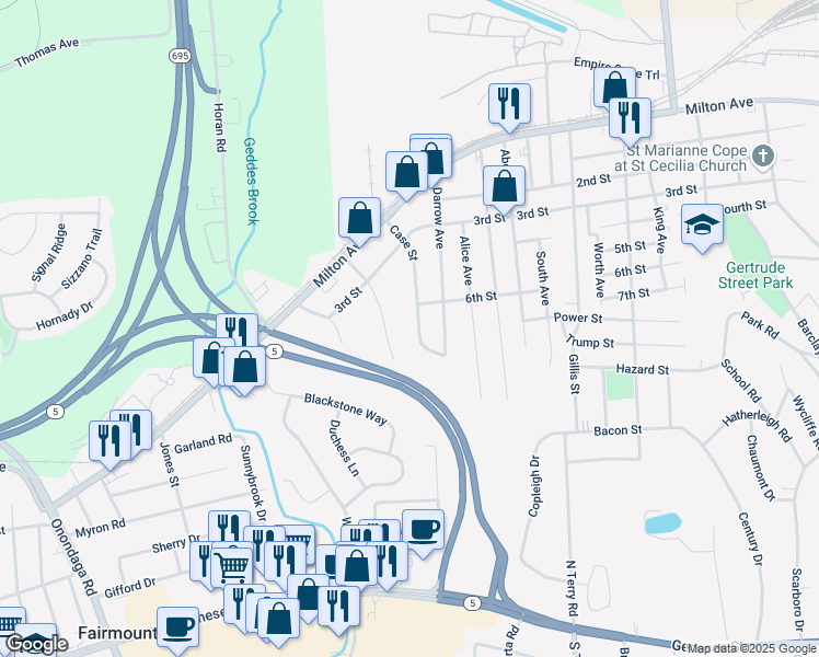 map of restaurants, bars, coffee shops, grocery stores, and more near 308 Case Street in Syracuse