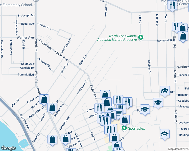 map of restaurants, bars, coffee shops, grocery stores, and more near 315 Linwood Avenue in North Tonawanda