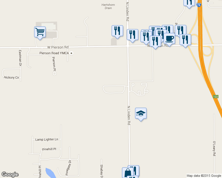 map of restaurants, bars, coffee shops, grocery stores, and more near 3375 North Linden Road in Flint