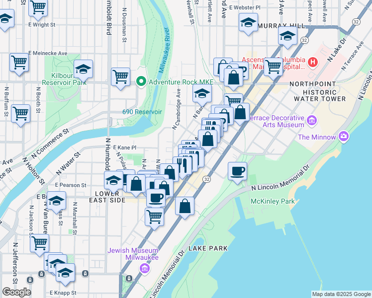 map of restaurants, bars, coffee shops, grocery stores, and more near in Milwaukee