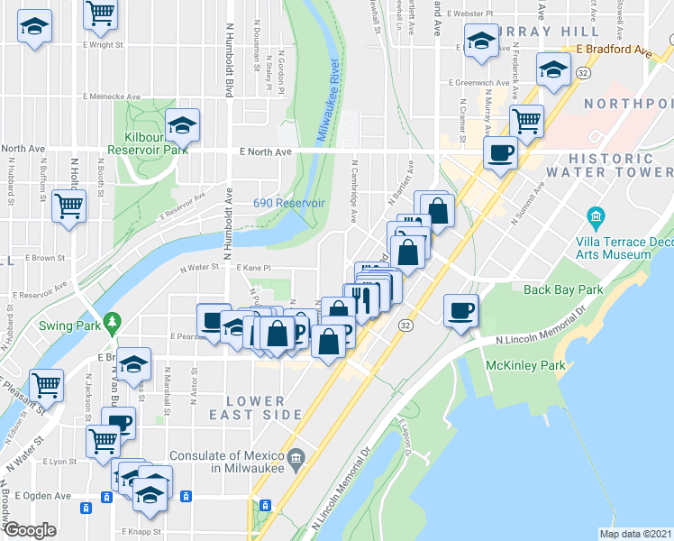 map of restaurants, bars, coffee shops, grocery stores, and more near 1864 North Cambridge Avenue in Milwaukee