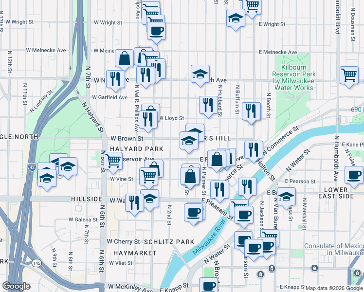 map of restaurants, bars, coffee shops, grocery stores, and more near 1934 North 2nd Street in Milwaukee