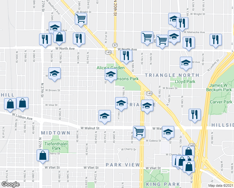 map of restaurants, bars, coffee shops, grocery stores, and more near 1950 North 20th Street in Milwaukee