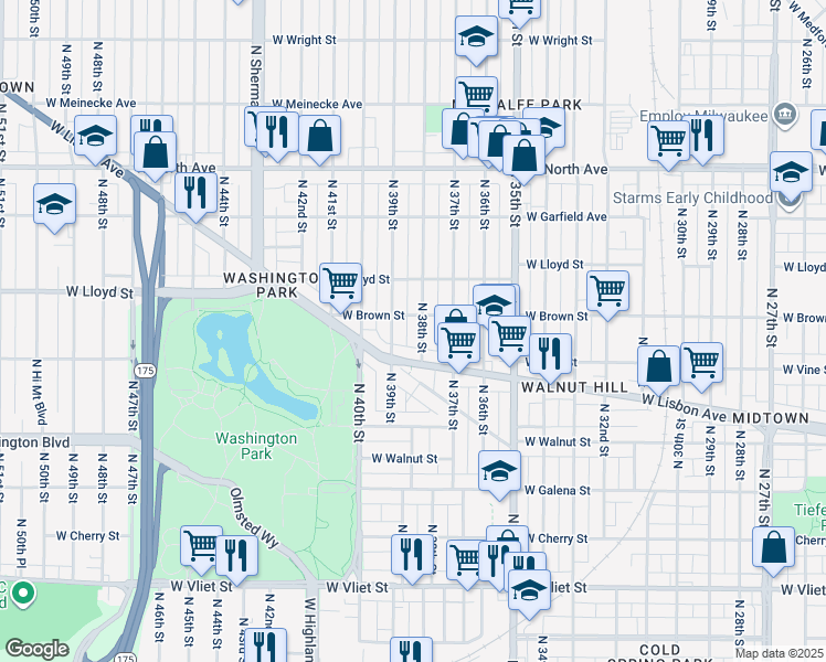 map of restaurants, bars, coffee shops, grocery stores, and more near 1941-1943 North 38th Street in Milwaukee