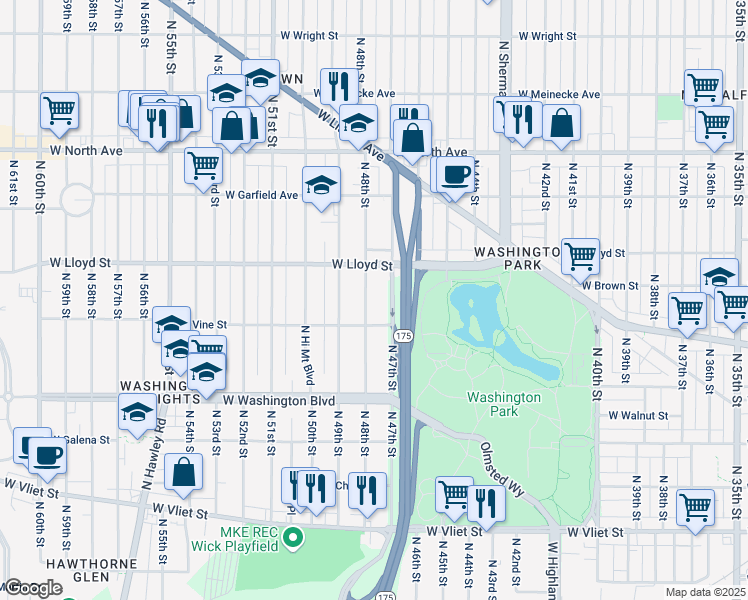 map of restaurants, bars, coffee shops, grocery stores, and more near 2000 North 48th Street in Milwaukee