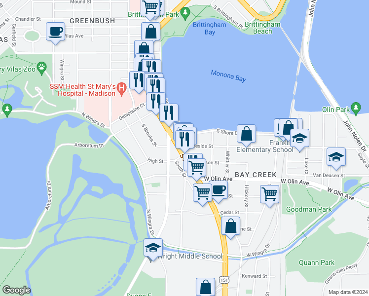 map of restaurants, bars, coffee shops, grocery stores, and more near 833 West Lakeside Street in Madison