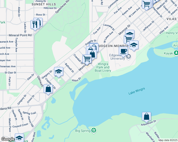 map of restaurants, bars, coffee shops, grocery stores, and more near 2718 Arbor Drive in Madison