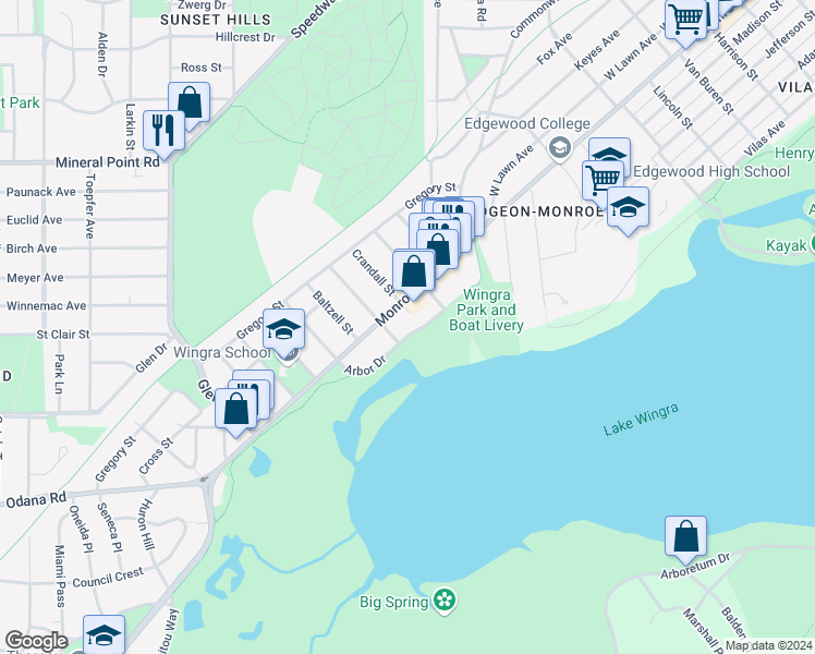 map of restaurants, bars, coffee shops, grocery stores, and more near 2821 Monroe Street in Madison