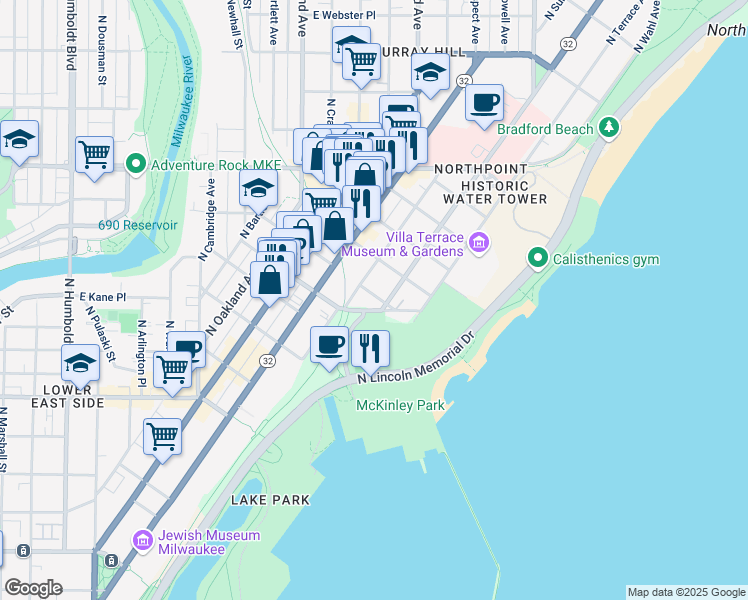 map of restaurants, bars, coffee shops, grocery stores, and more near 2042 East Windsor Place in Milwaukee